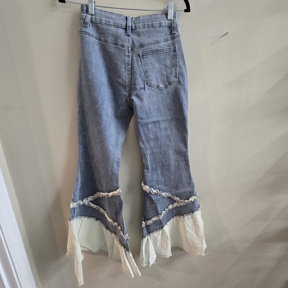POL
Boho Ruffle Patchwork Flare Jeans High Rise Distressed Denim Bell Bottoms - Picture 4 of 8